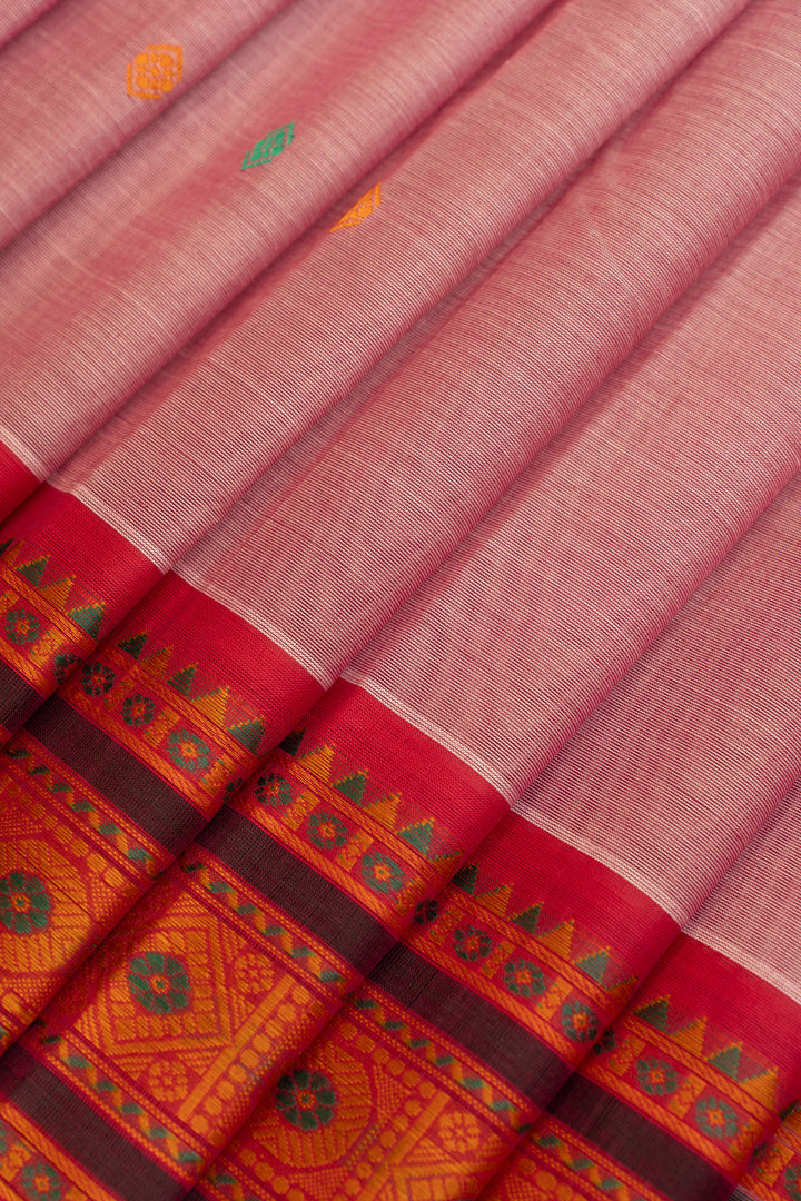 Lotus pink and red threadwork pure handloom cotton saree