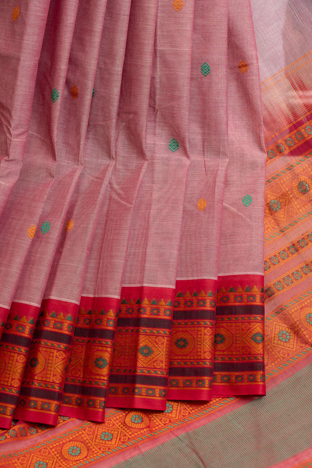 Lotus pink and red threadwork pure handloom cotton saree