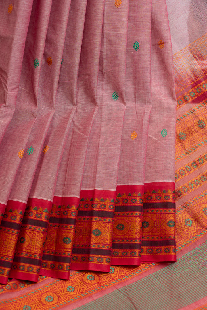 Lotus pink and red threadwork pure handloom cotton saree