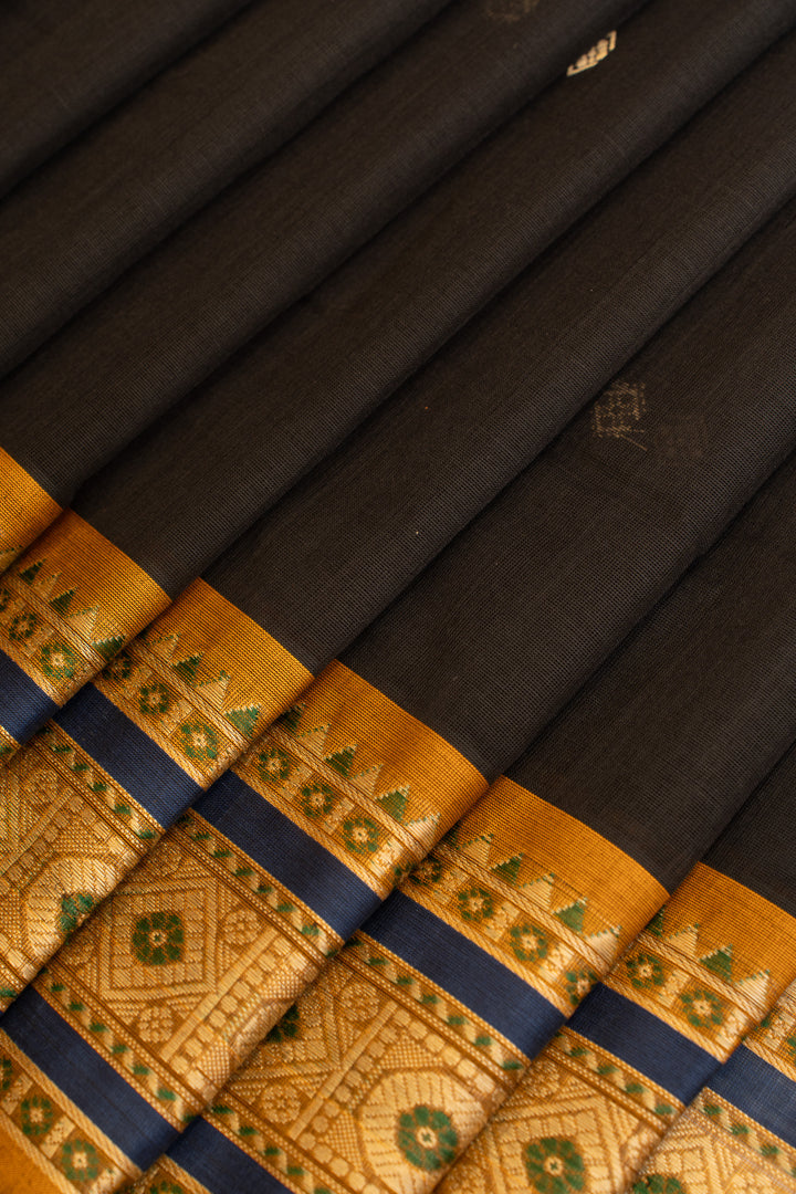 Black and mustard threadwork pure handloom cotton saree