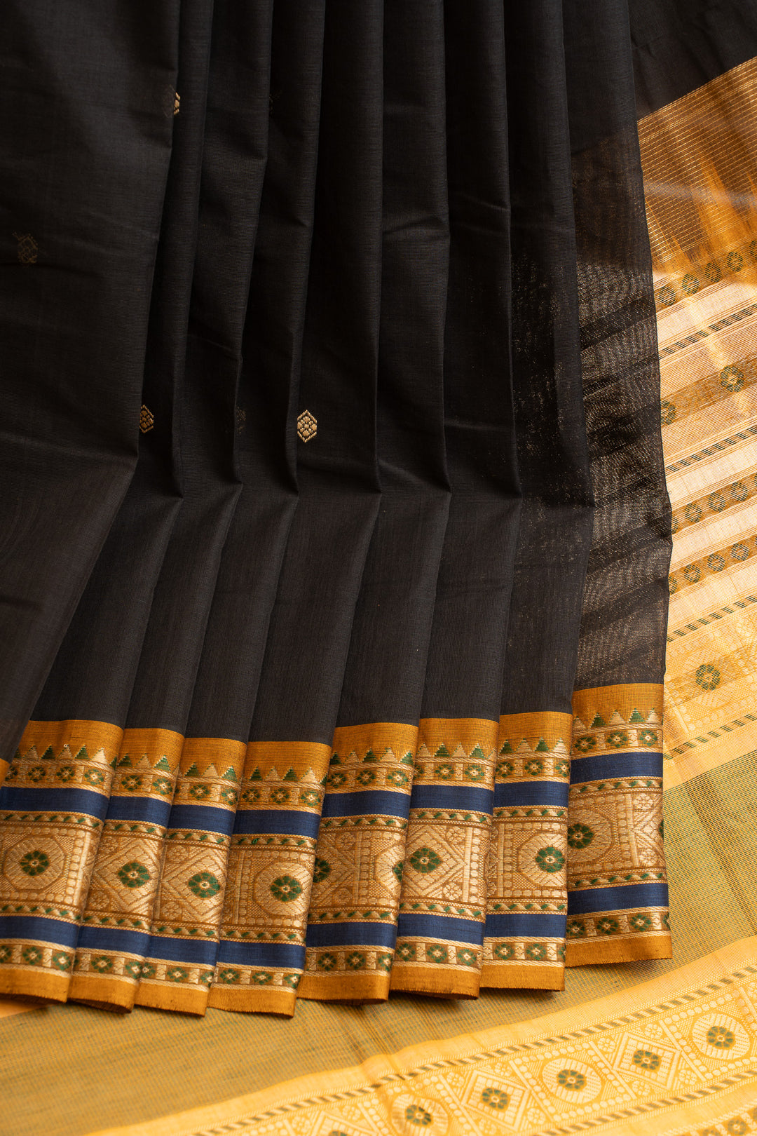 Black and mustard threadwork pure handloom cotton saree