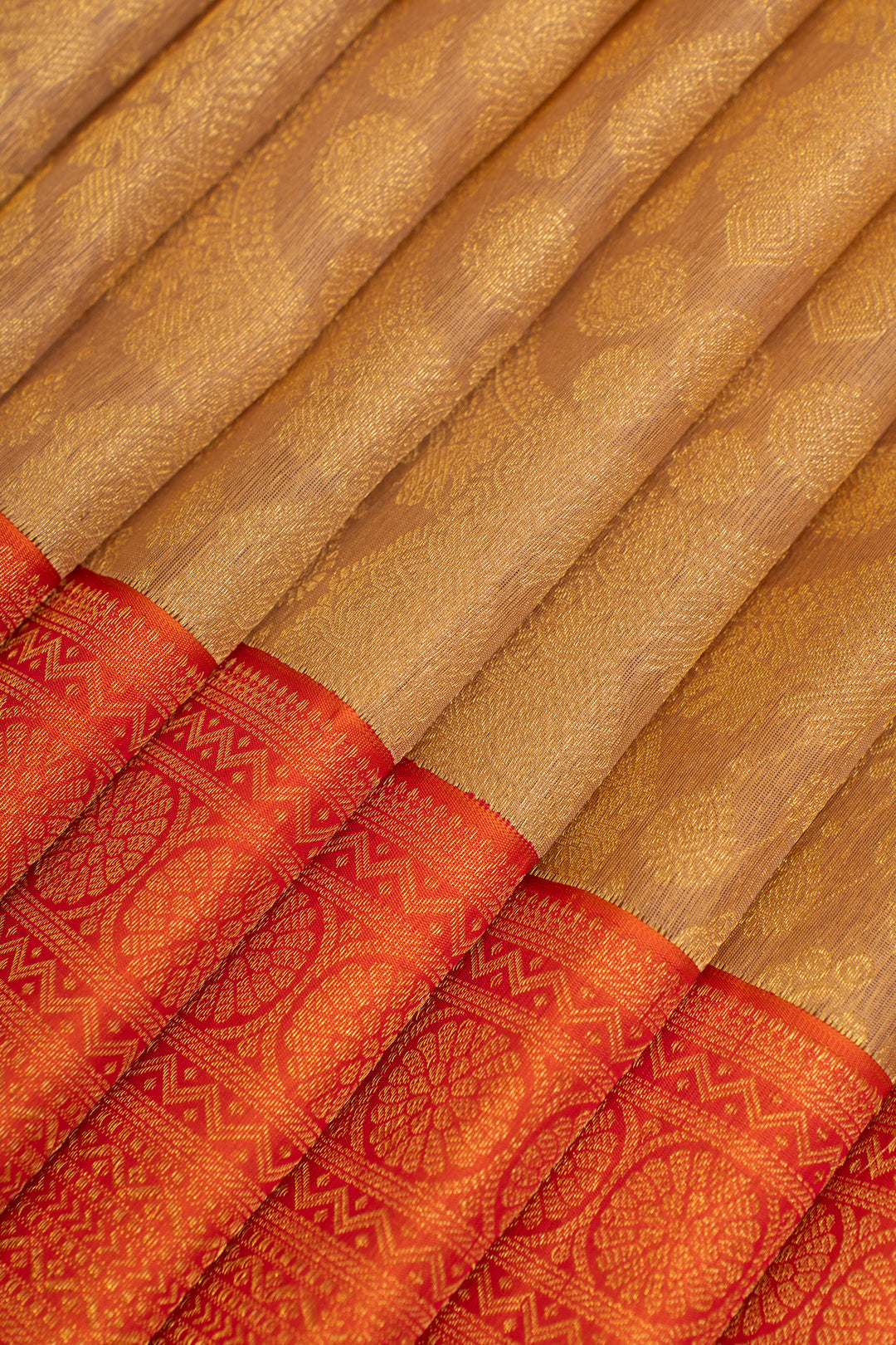 Beige and red pure Kora kanjivaram silk saree