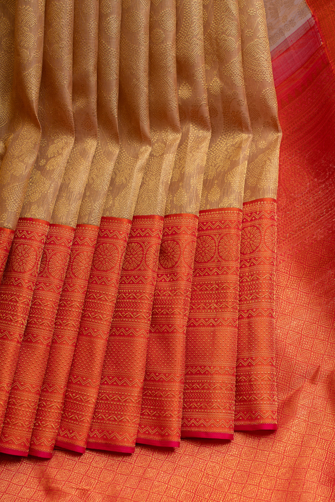 Beige and red pure Kora kanjivaram silk saree
