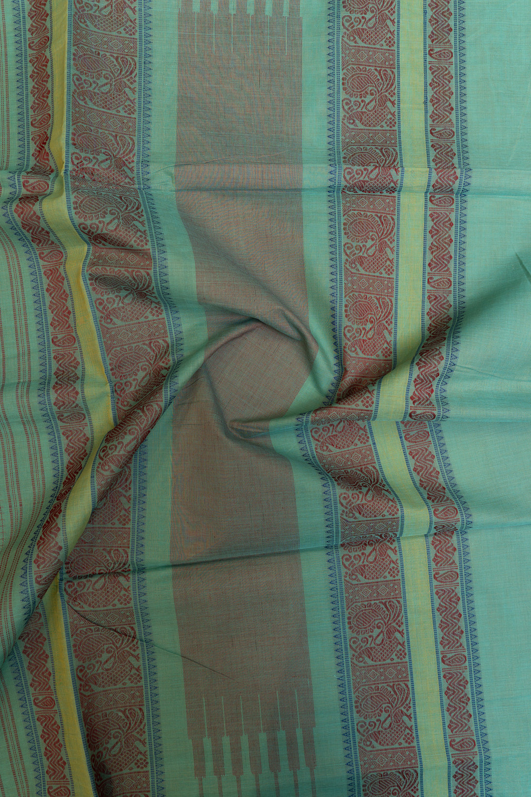 Teal and mustard thread checks pure handloom cotton saree