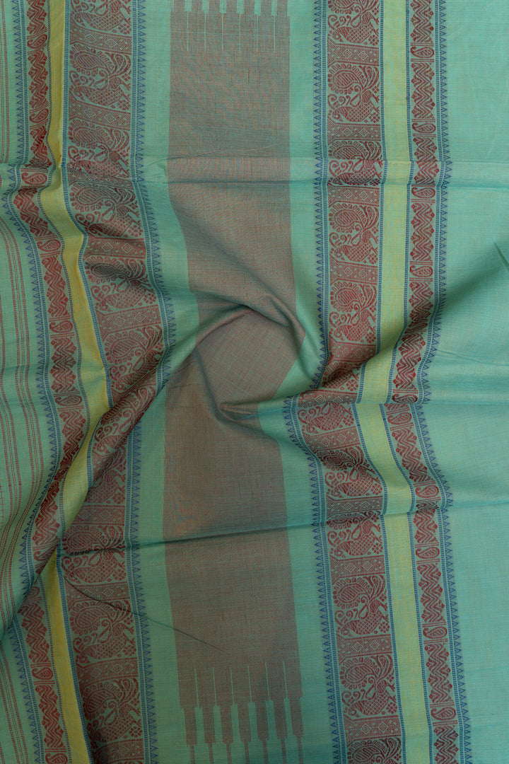 Teal and mustard thread checks pure handloom cotton saree