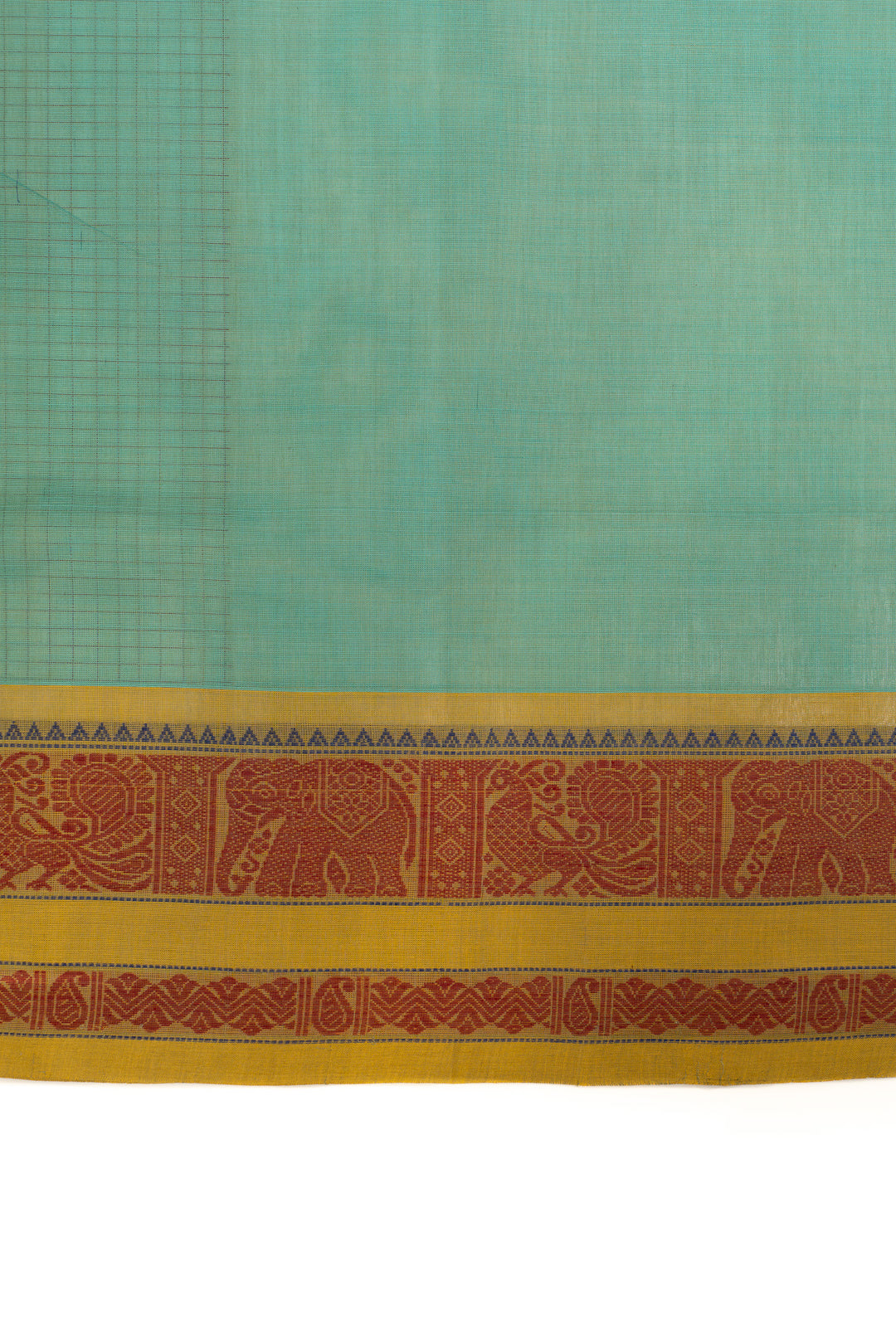 Teal and mustard thread checks pure handloom cotton saree