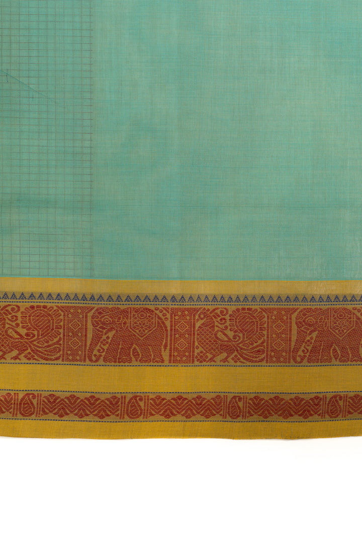 Teal and mustard thread checks pure handloom cotton saree