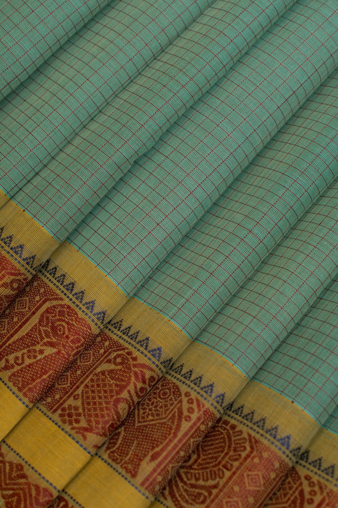 Teal and mustard thread checks pure handloom cotton saree