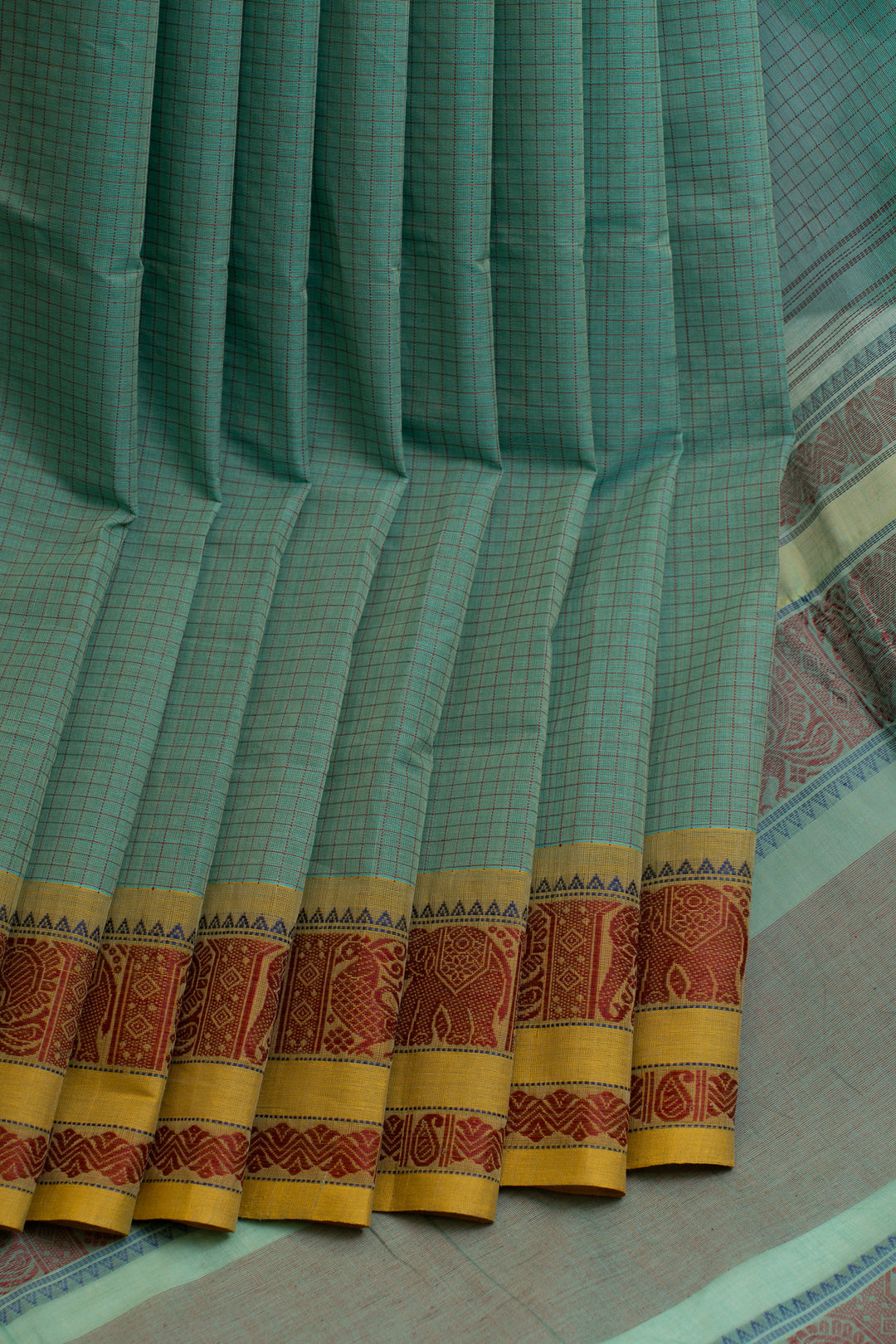 Teal and mustard thread checks pure handloom cotton saree