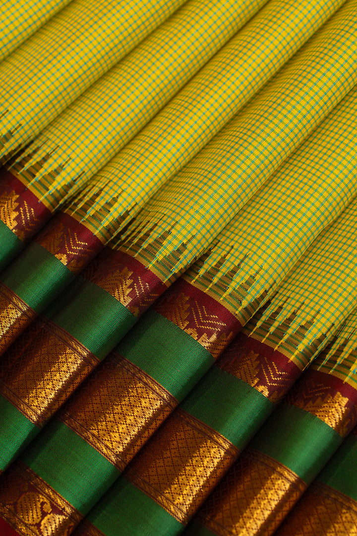 Lime green checks pure Kanchipuram silk saree