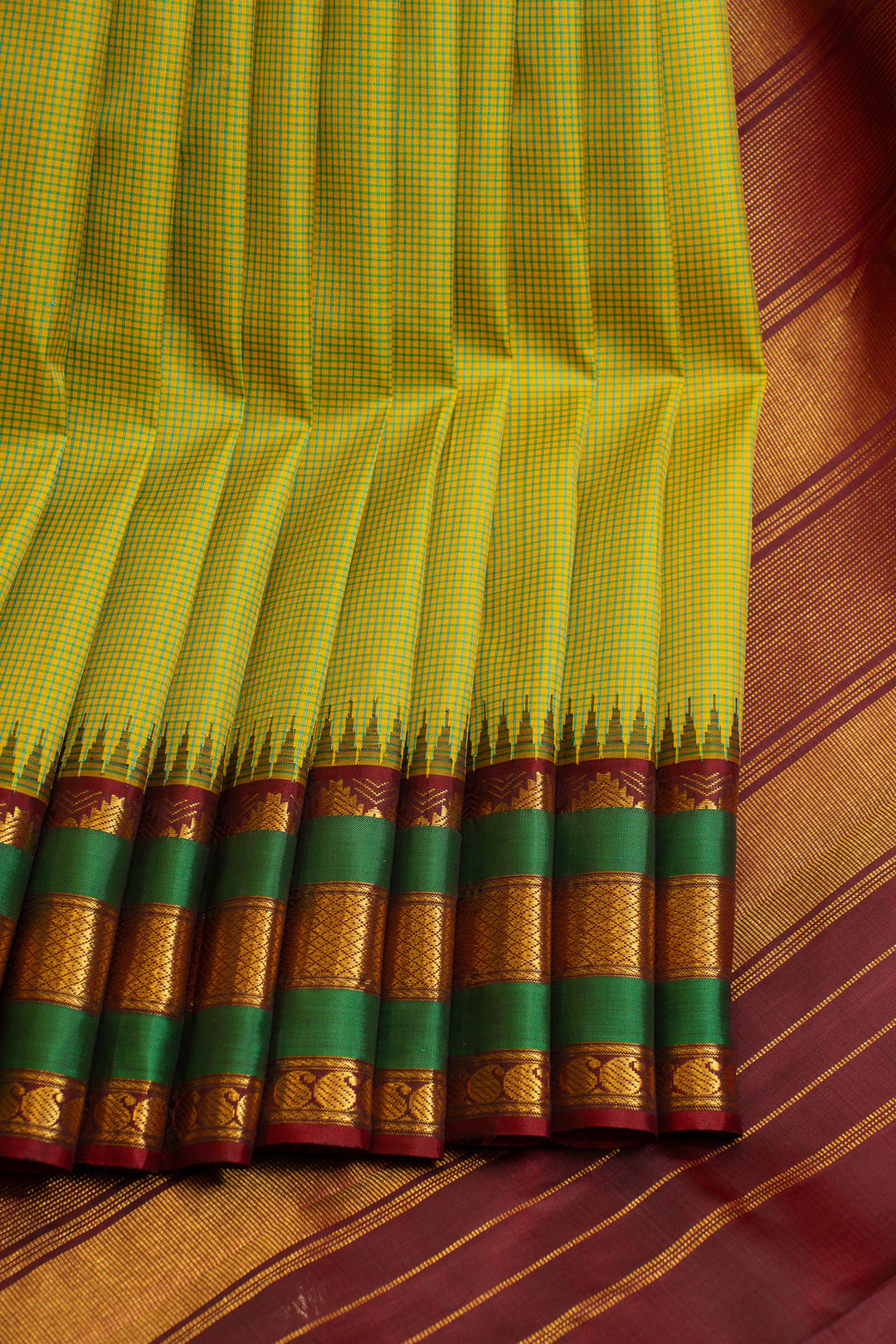 Lime green checks pure Kanchipuram silk saree