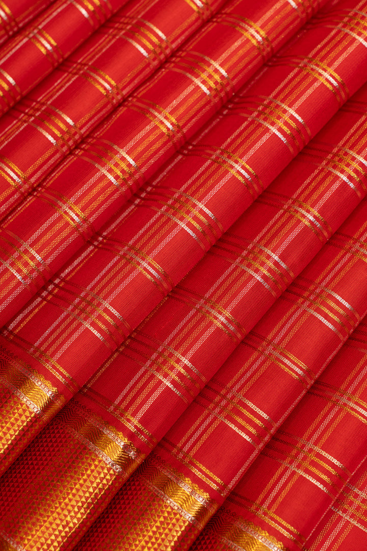 Red zari checks pure Kanchipuram silk saree