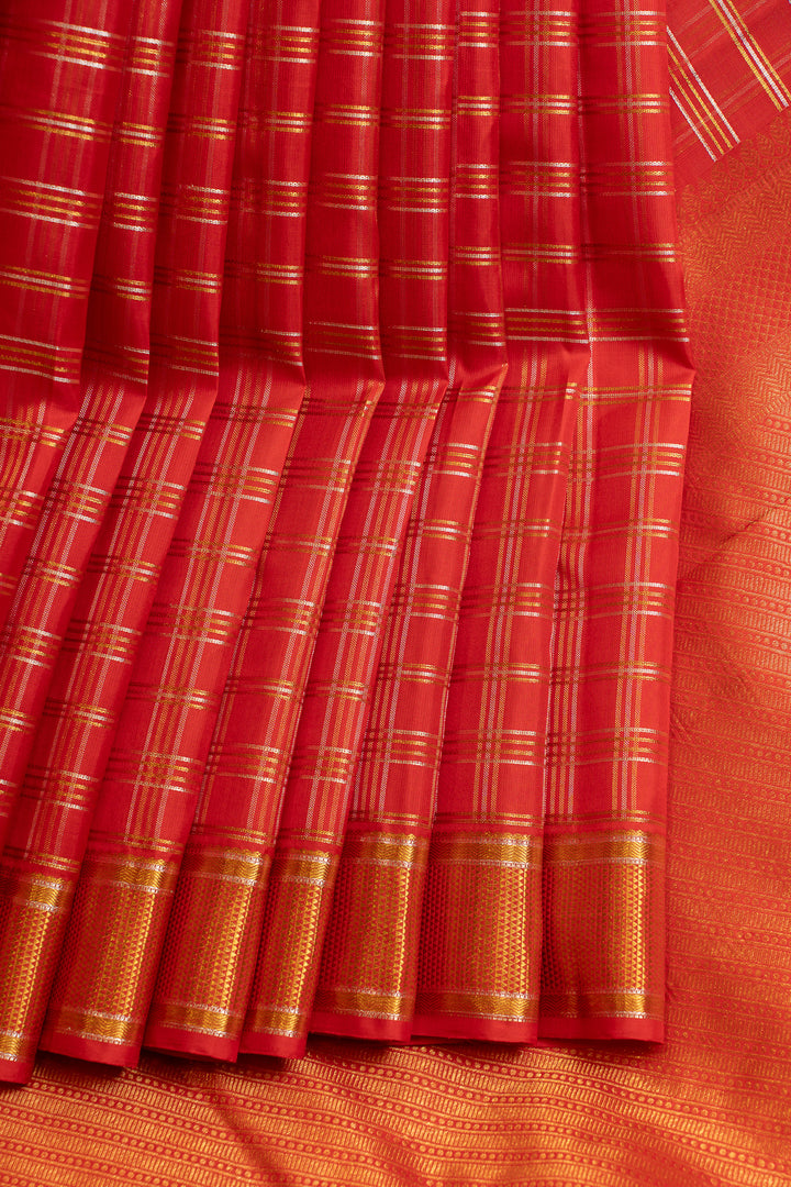 Red zari checks pure Kanchipuram silk saree