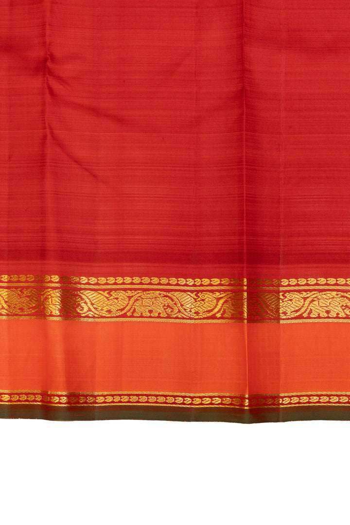 Beige and orange checks pure Kanchipuram silk saree