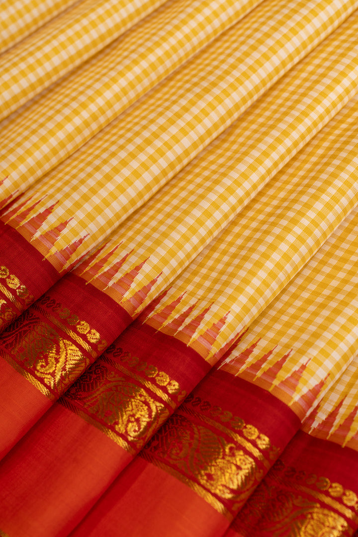 Beige and orange checks pure Kanchipuram silk saree