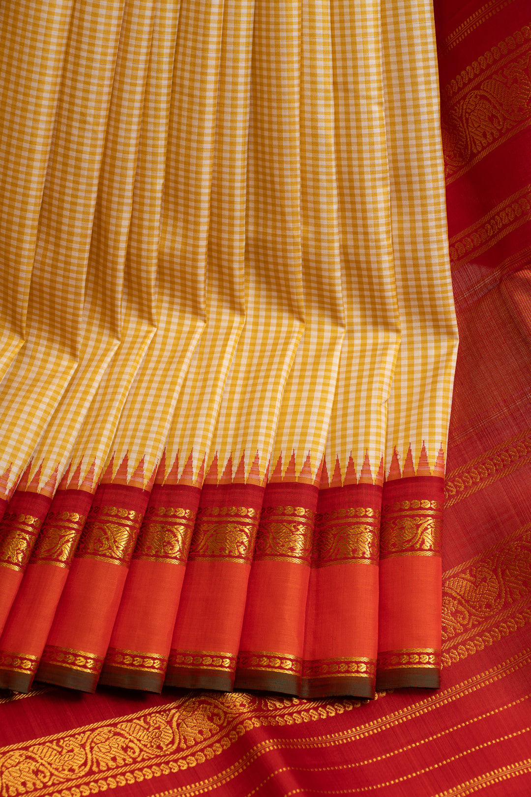 Beige and orange checks pure Kanchipuram silk saree