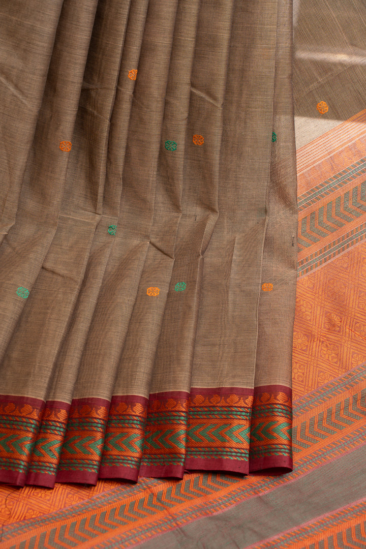 Grey and maroon threadwork pure handloom cotton saree
