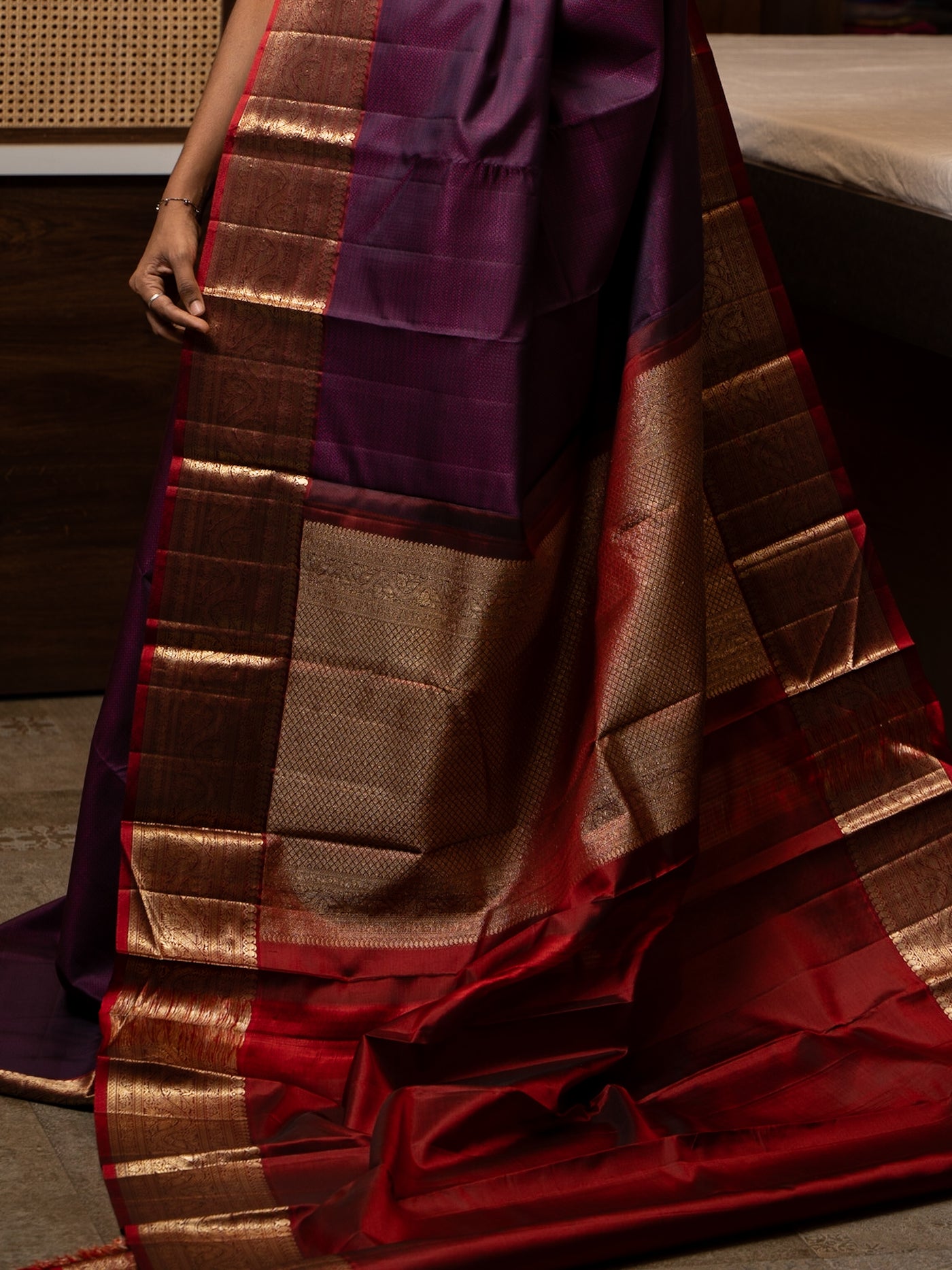 Midnight Purple and Red Pure Kanchipuram Silk Saree - Clio Silks