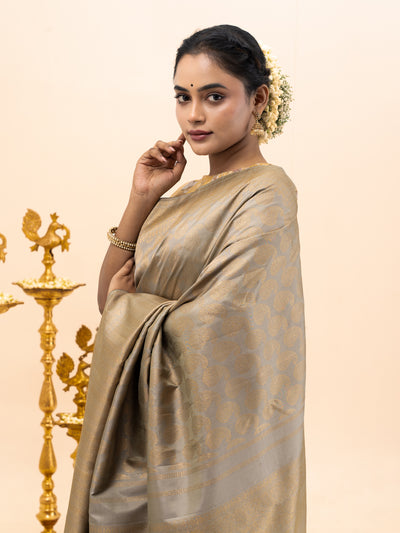 Celadon Gold Paisley Brocade Pure Zari Kanchipuram Silk Saree