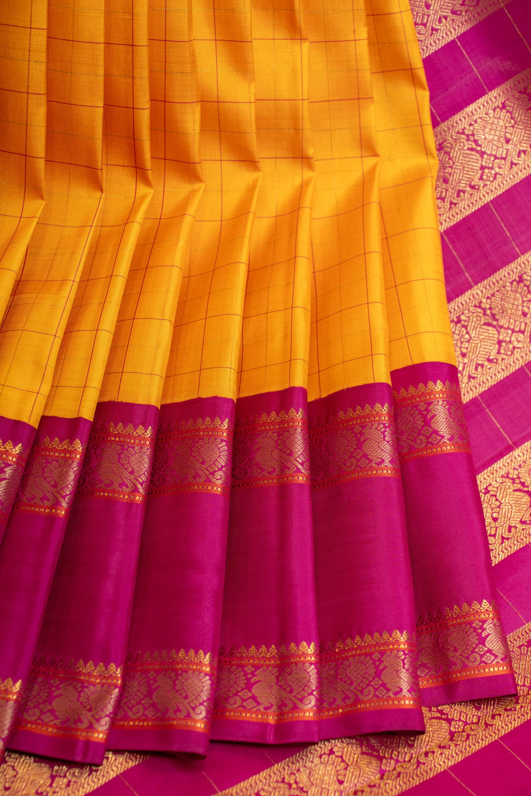 Yellow and magenta Vintage Checks Pure Kanchipuram Silk Saree
