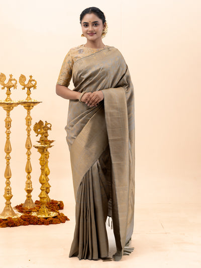 Celadon Gold Paisley Brocade Pure Zari Kanchipuram Silk Saree