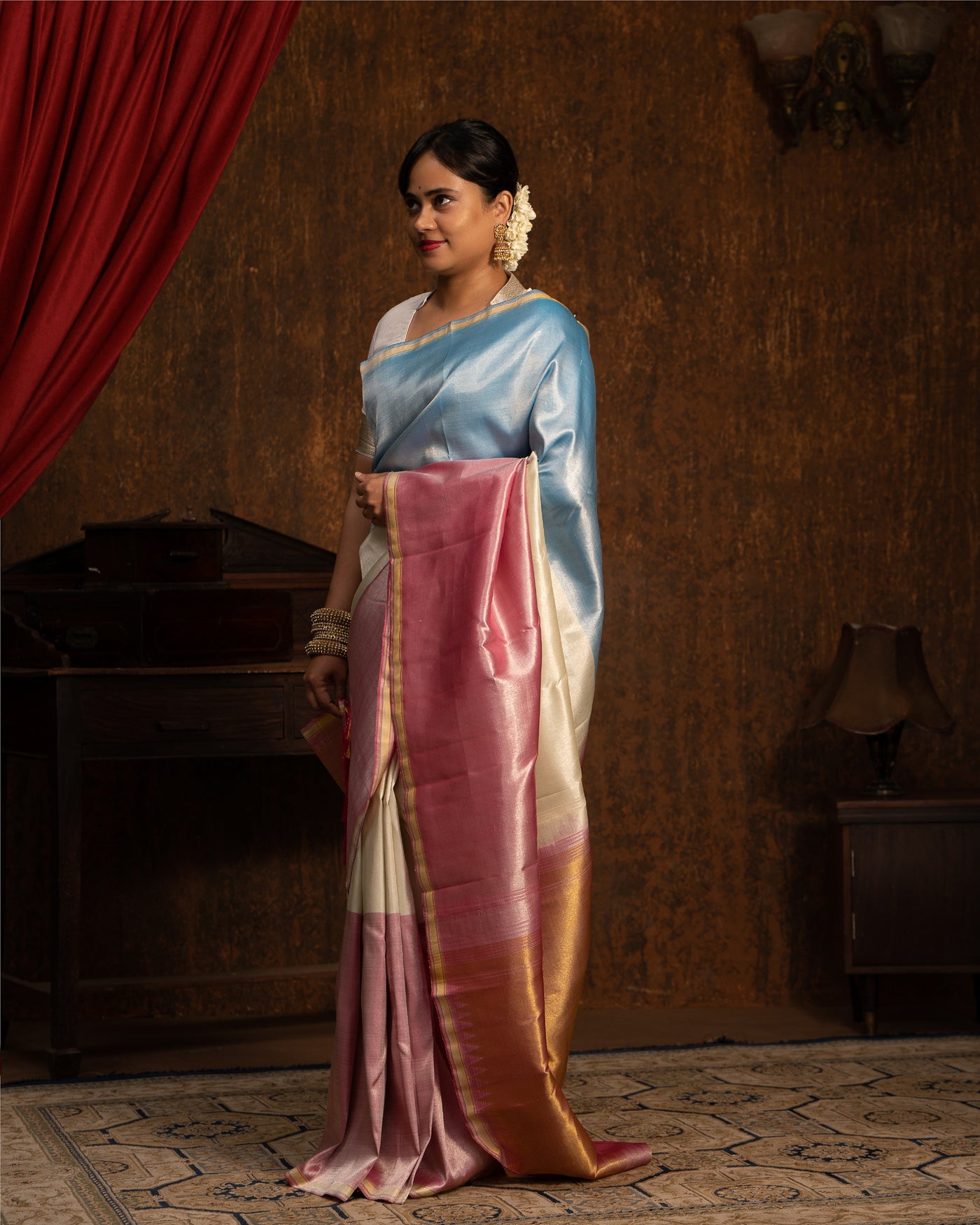 Three Palette Brocade Pure Kanchipuram Silk Sari - Clio Silks