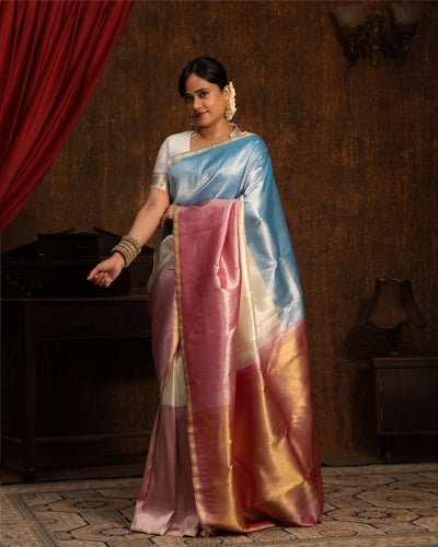 Three Palette Brocade Pure Kanchipuram Silk Sari - Clio Silks