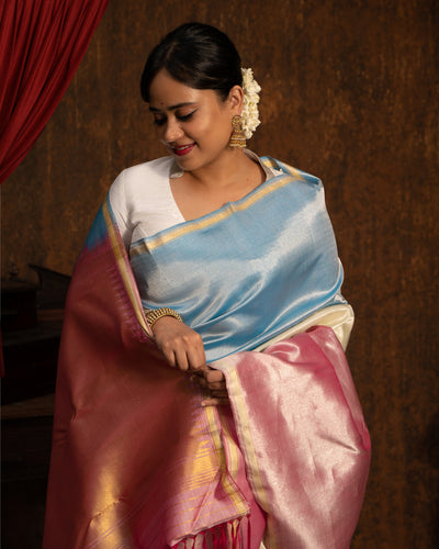 Three Palette Brocade Pure Kanchipuram Silk Sari - Clio Silks