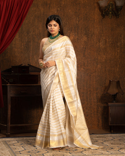 Pearl White and Gold Pure Zari Kanchipuram Silk Saree - Clio Silks