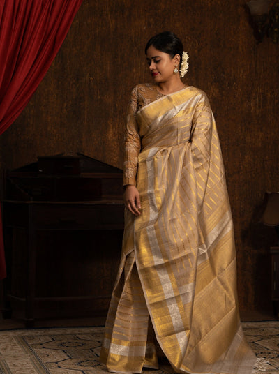 Metallic Gold Pure Zari stripes Pure Kanchipuram Silk Sari - Clio Silks