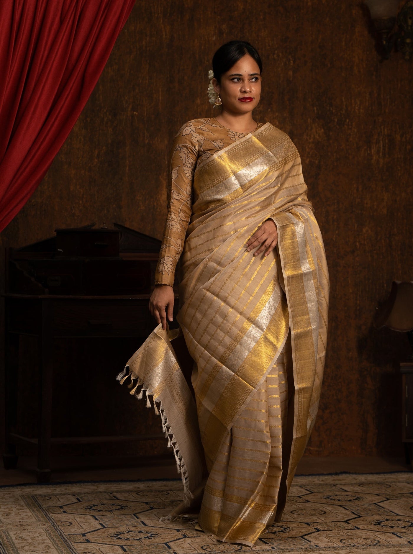 Metallic Gold Pure Zari stripes Pure Kanchipuram Silk Sari - Clio Silks