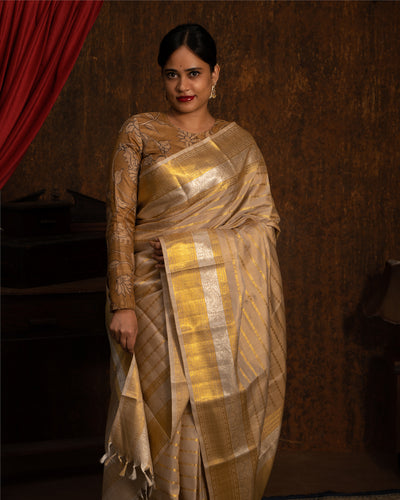 Metallic Gold Pure Zari stripes Pure Kanchipuram Silk Sari - Clio Silks