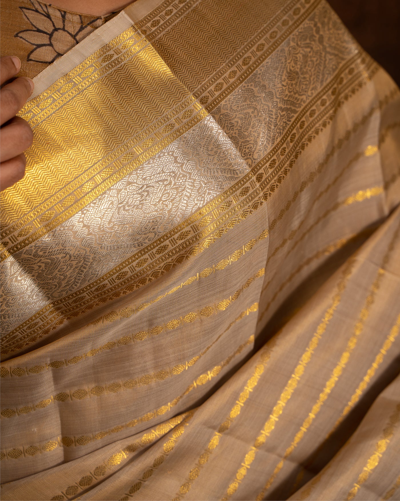 Metallic Gold Pure Zari stripes Pure Kanchipuram Silk Sari - Clio Silks