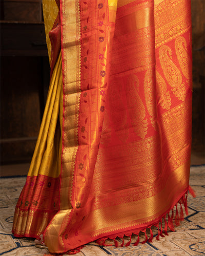 Tuscany Yellow Pure Zari Paithani Kanchipuram Silk Saree - Clio Silks