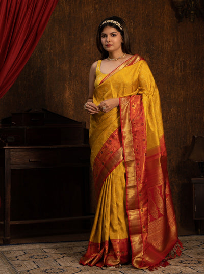 Tuscany Yellow Pure Zari Paithani Kanchipuram Silk Saree - Clio Silks