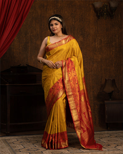 Tuscany Yellow Pure Zari Paithani Kanchipuram Silk Saree - Clio Silks