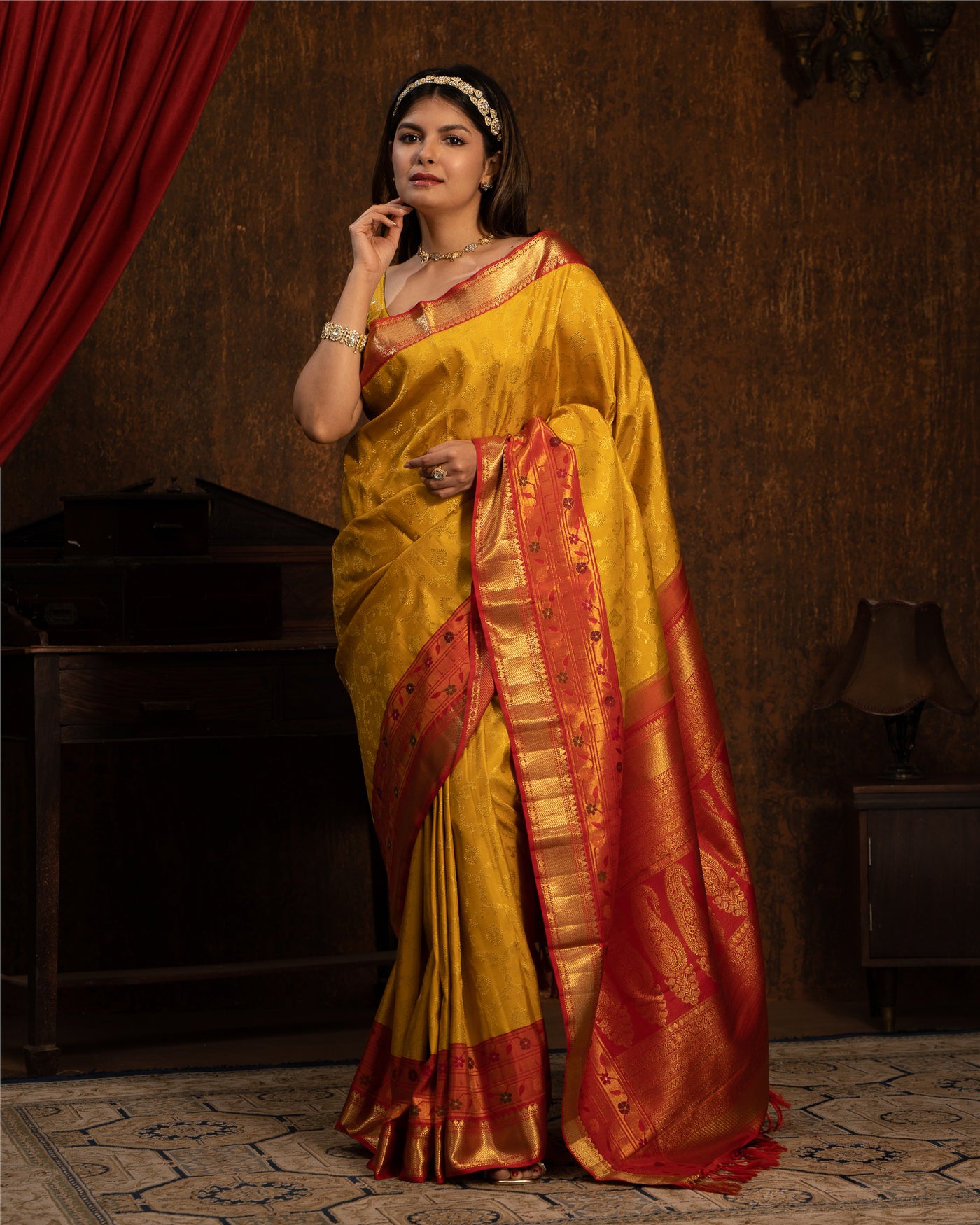 Tuscany Yellow Pure Zari Paithani Kanchipuram Silk Saree - Clio Silks