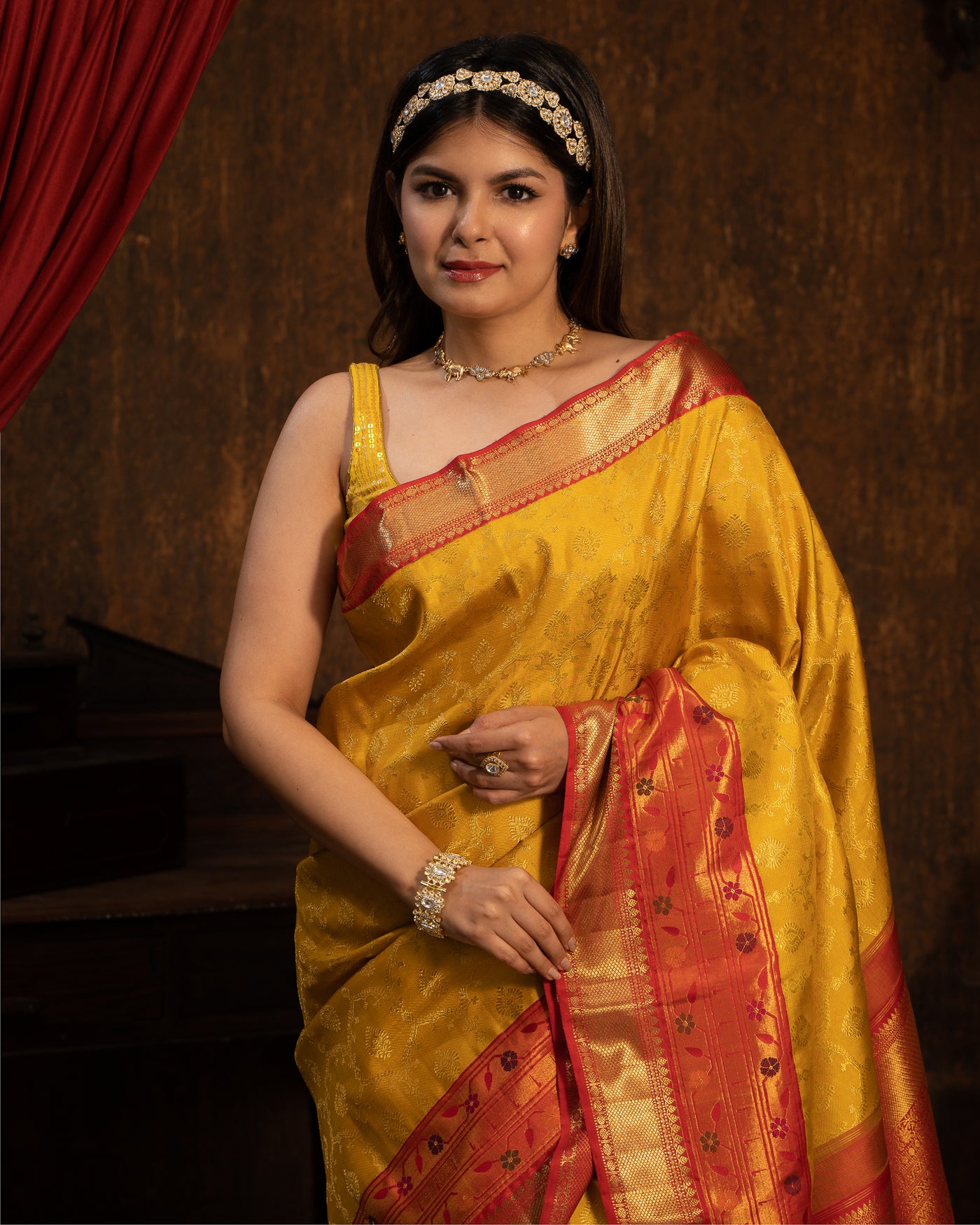 Tuscany Yellow Pure Zari Paithani Kanchipuram Silk Saree - Clio Silks