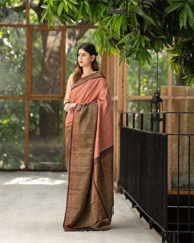 Creamy Peach Stripes Pattu Pettu Pure Kanchipuram Silk Sari - Clio Silks