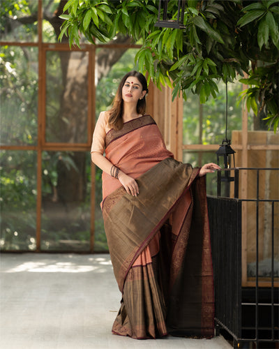 Creamy Peach Stripes Pattu Pettu Pure Kanchipuram Silk Sari - Clio Silks