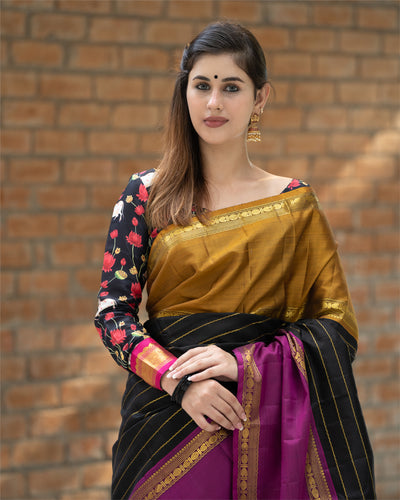 Black Neli Stripes Ganga Jamuna Pure Kanchipuram Silk Saree - Clio Silks