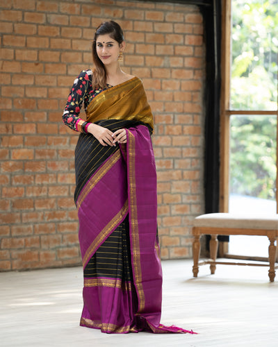 Black Neli Stripes Ganga Jamuna Pure Kanchipuram Silk Saree - Clio Silks