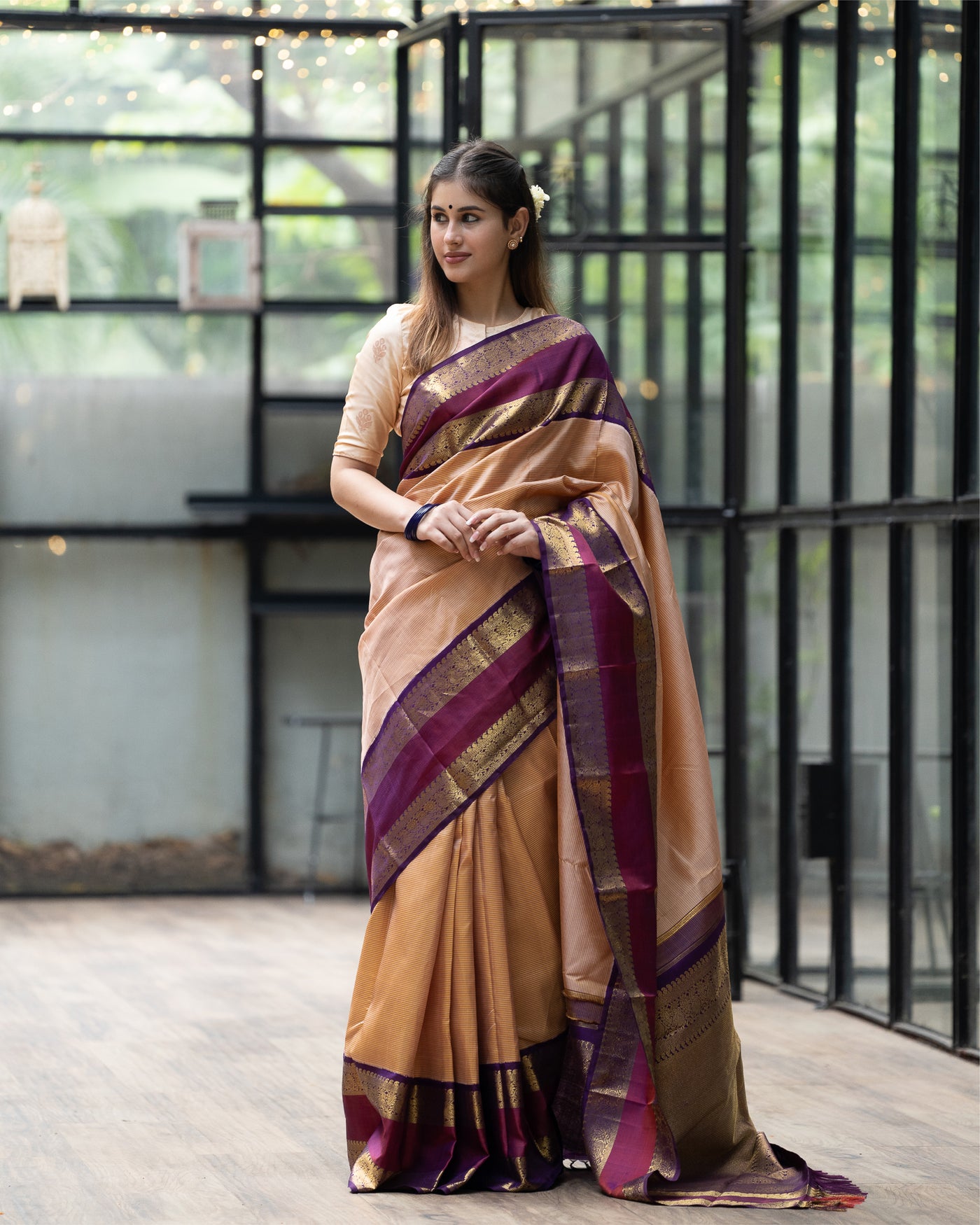 Creamy Peach and Purple Stripes Pure Kanchipuram Silk Sari - Clio Silks