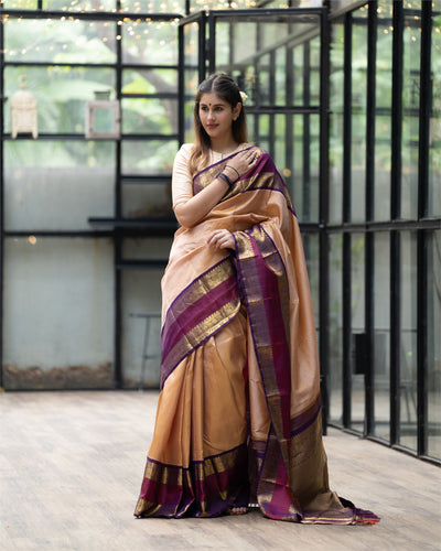 Creamy Peach and Purple Stripes Pure Kanchipuram Silk Sari - Clio Silks