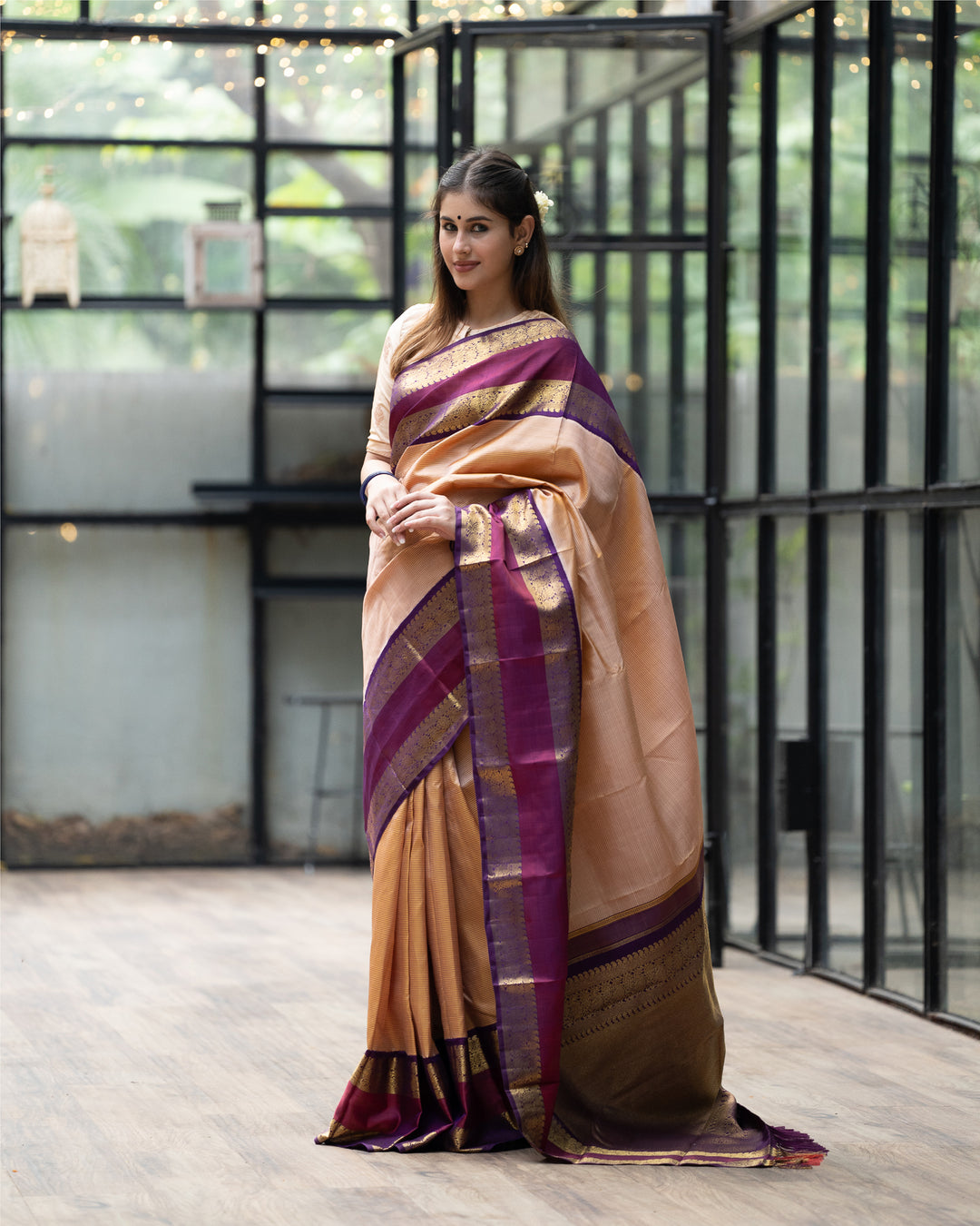 Creamy Peach and Purple Stripes Pure Kanchipuram Silk Sari - Clio Silks