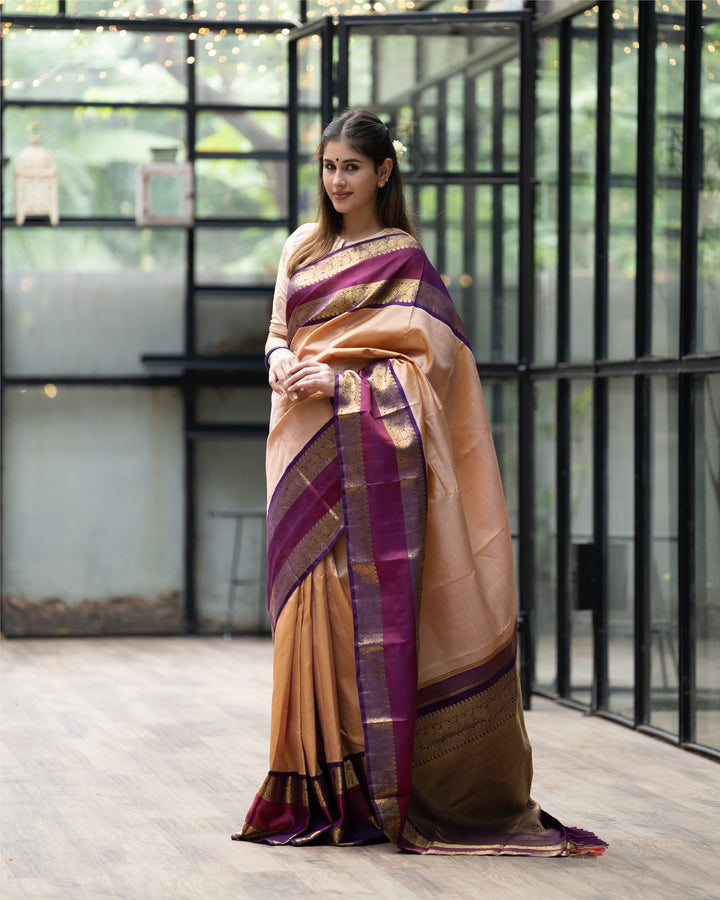 Creamy Peach and Purple Stripes Pure Kanchipuram Silk Sari - Clio Silks