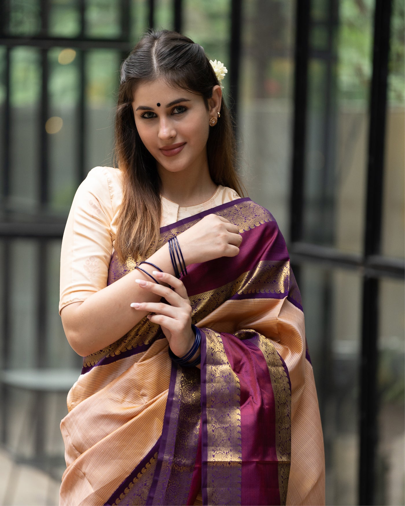 Creamy Peach and Purple Stripes Pure Kanchipuram Silk Sari - Clio Silks