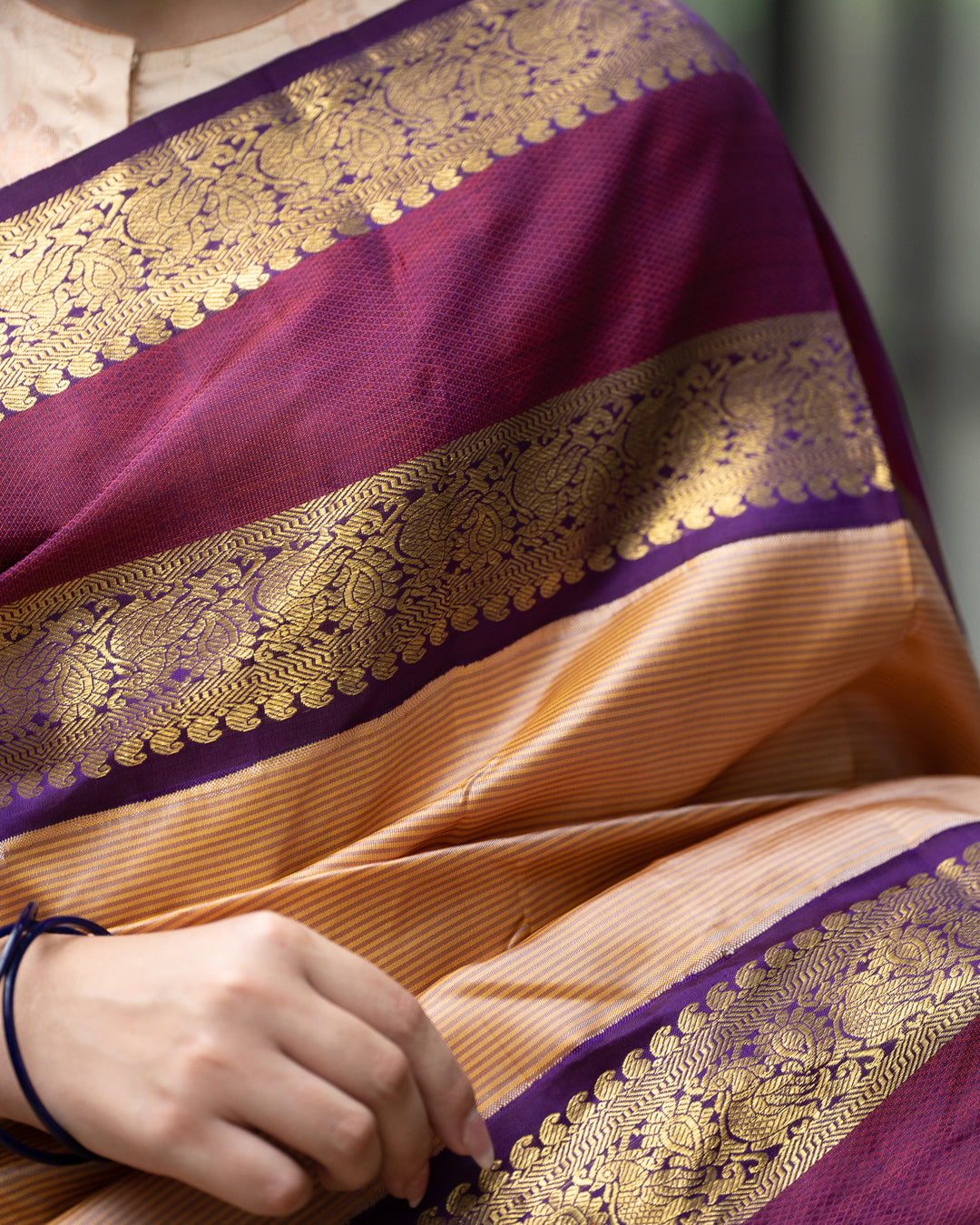 Creamy Peach and Purple Stripes Pure Kanchipuram Silk Sari - Clio Silks