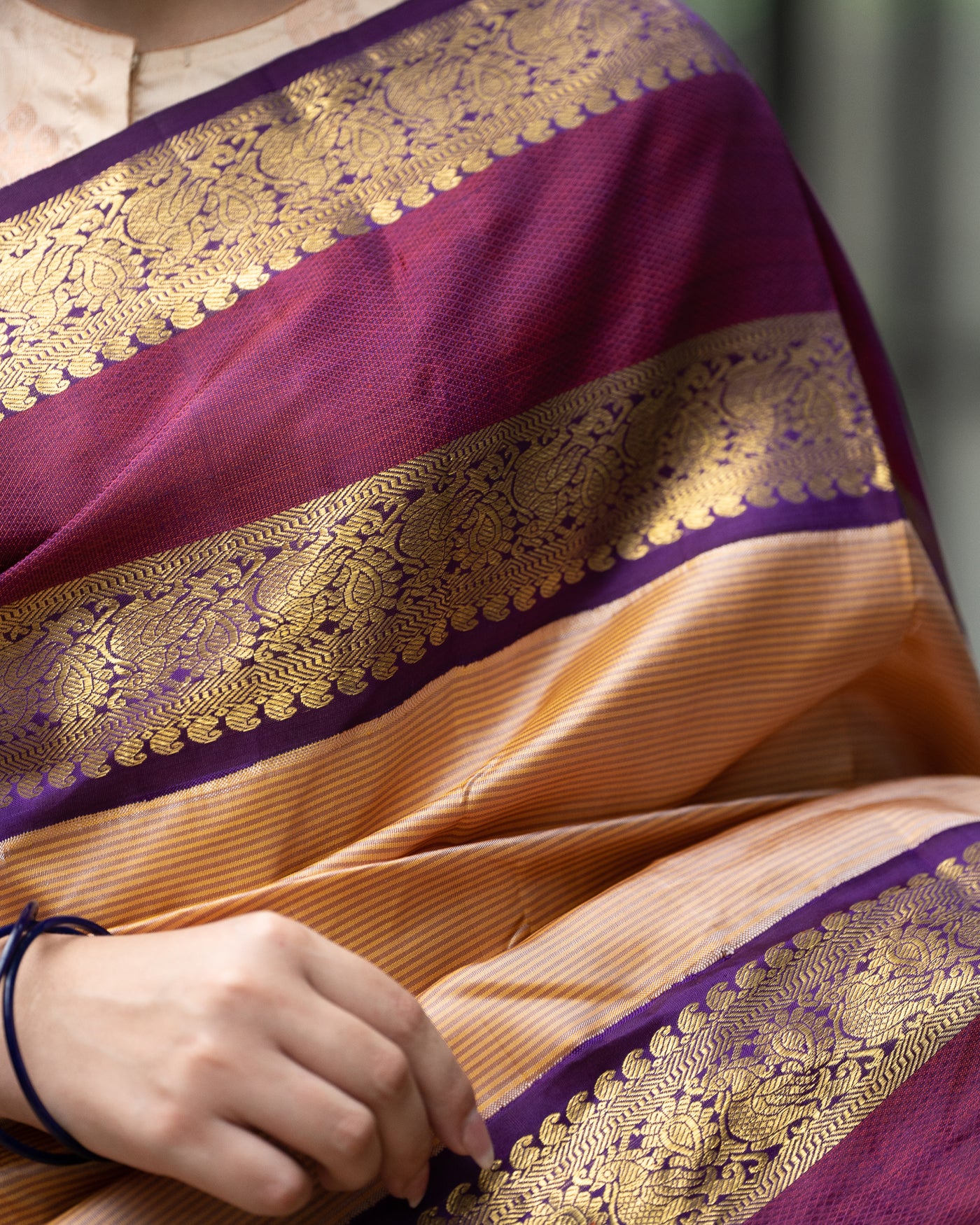 Creamy Peach and Purple Stripes Pure Kanchipuram Silk Sari - Clio Silks