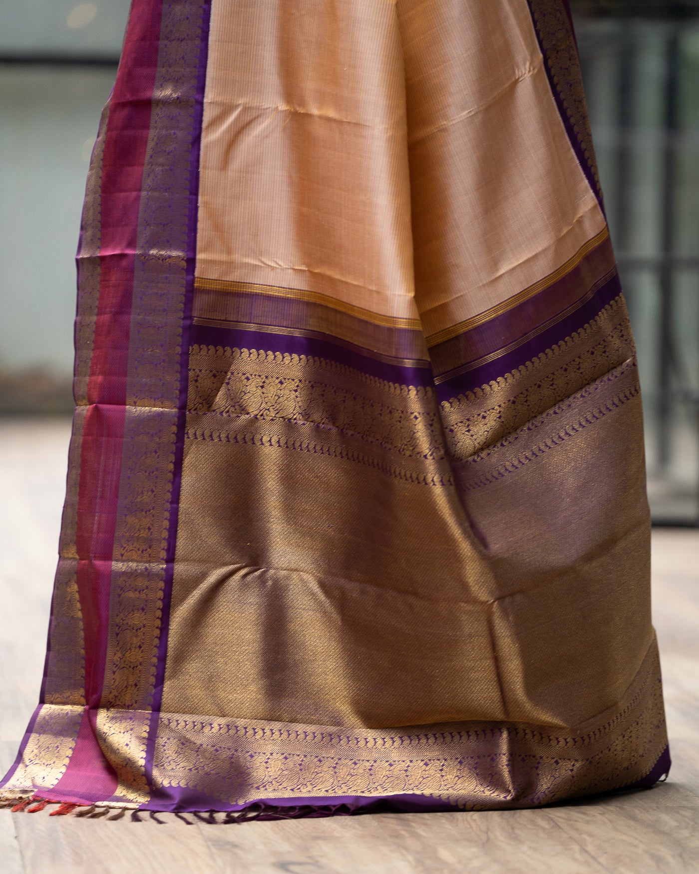 Creamy Peach and Purple Stripes Pure Kanchipuram Silk Sari - Clio Silks